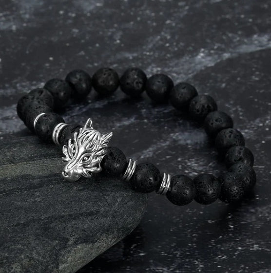 Gray Wolf Head And Lava Stone Bracelet
