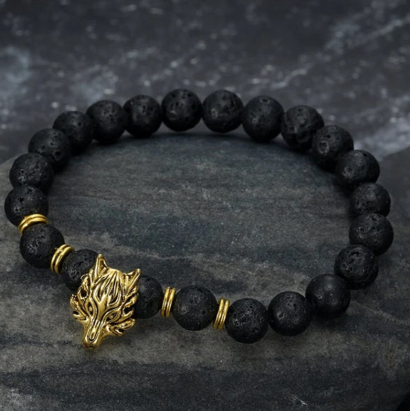 Gray Wolf Head And Lava Stone Bracelet